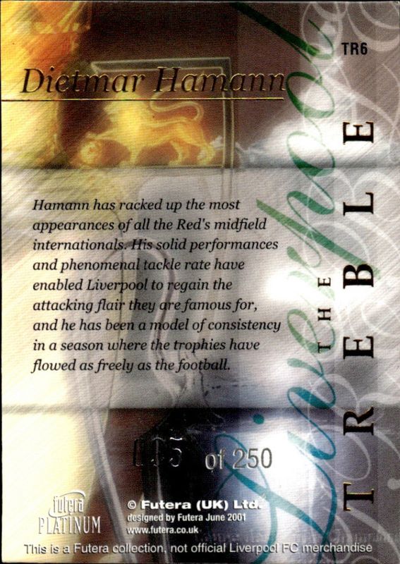 2000-01 Futera Platinum The Treble Liverpool #095/250 Dietmar Hamann #TR6