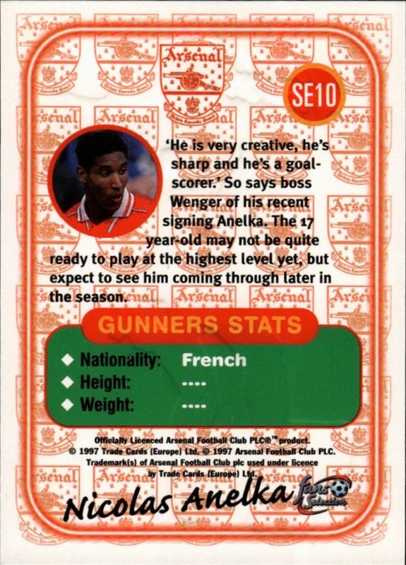 1997 Futera Fans Selection Arsenal Special Edition Nicolas Anelka #SE10