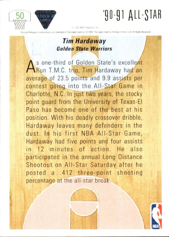 Tim Hardaway 1991-92 Upper Deck #50, 90-91 All Star, Golden State Warriors