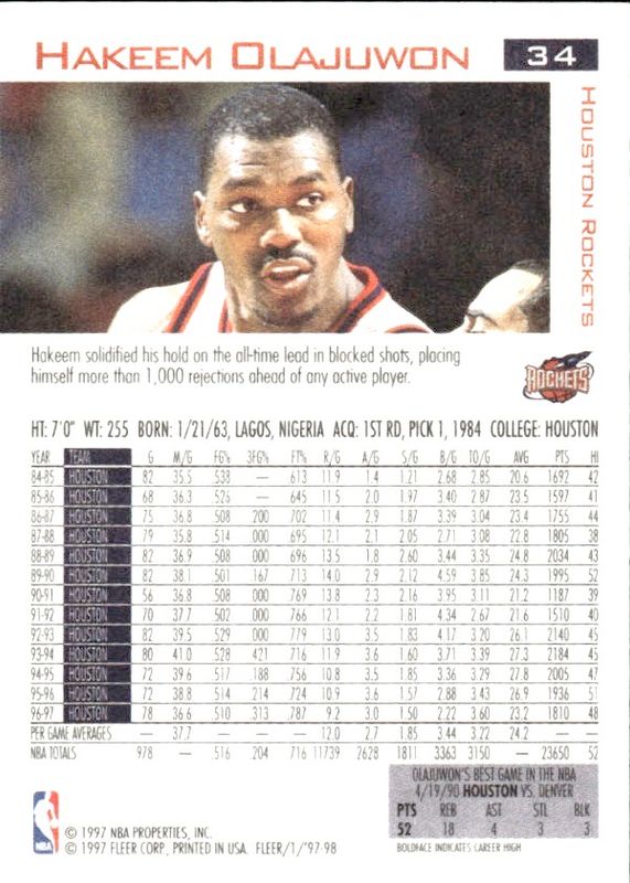 1997-98 Fleer #34 Hakeem Olajuwon Houston Rockets