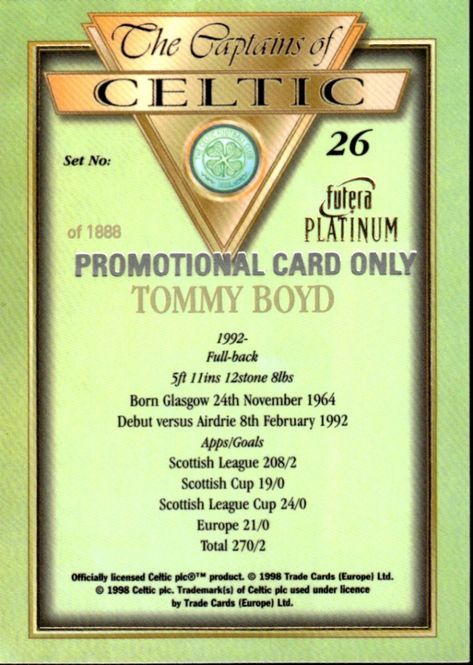 Hovedbilde 1998 Futera Platinum The Captains of Celtic Promo ...
