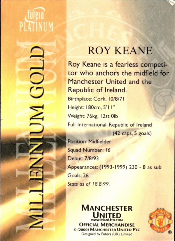 2000 Futera Platinum Millennium Gold Manchester United Roy Keane 22 CARAT GOLD GILDED EDGES