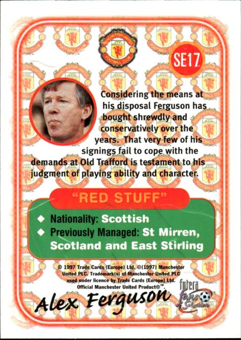 Hovedbilde ALEX FERGUSON 1997 Futera Soccer Insert Card ...