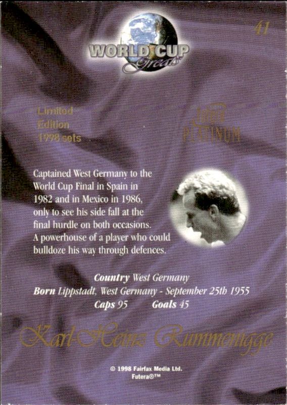 Futera Platinum World Cup Greats 1998 Karl Heinz Rummenigge No 41