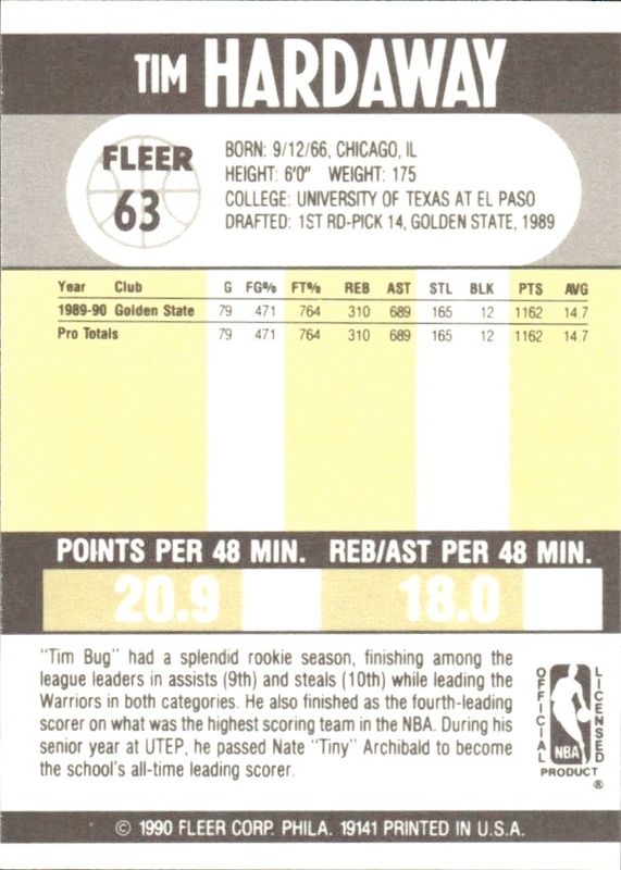 Vtg 1990-91 Fleer #63 TIM HARDAWAY RC GSW Miami Heat PG NBA HOF