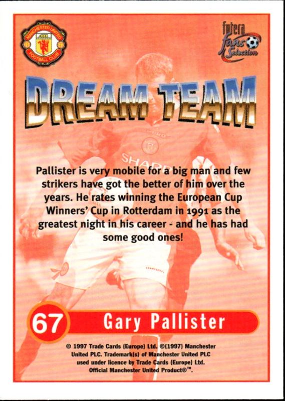 1997 Futera Fans Selection Manchester United Dream Team GARY PALLISTER  #67