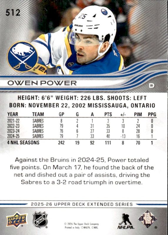 2025-26 25/26 Upper Deck Extended #512 Owen Power Buffalo Sabres
