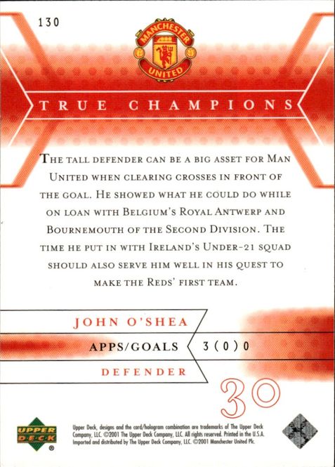 Main Image 2001 Upper Deck Manchester United JOHN O'SHEA ON ...