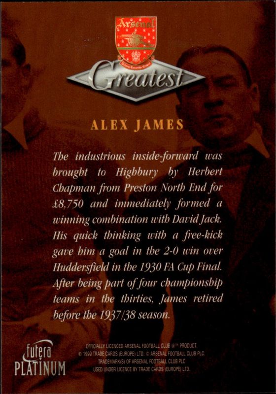 1999 Futera Platinum Arsenal Greatest Alex James