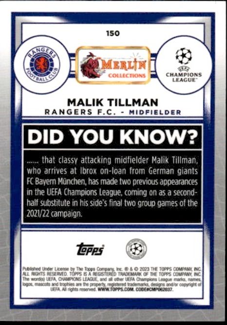 Main Image 2023 Topps Merlin UEFA #150 Malik Tillman Aqua ...