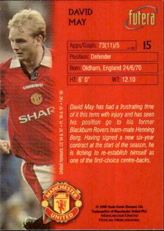 1998 FUTERA - DAVID MAY - MANCHESTER UNITED No 15