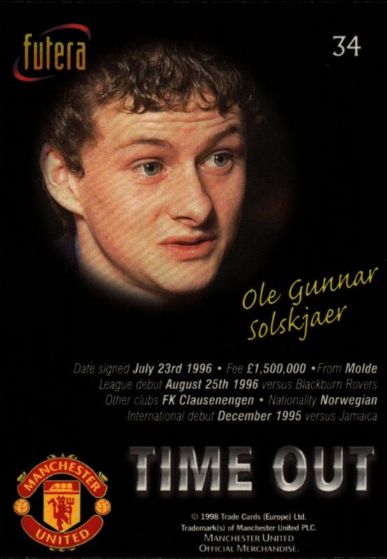 1998 Futera Manchester United Time Out Chrome Foil Ole Gunnar Solskjaer #34 PLAYERS EDITION /500