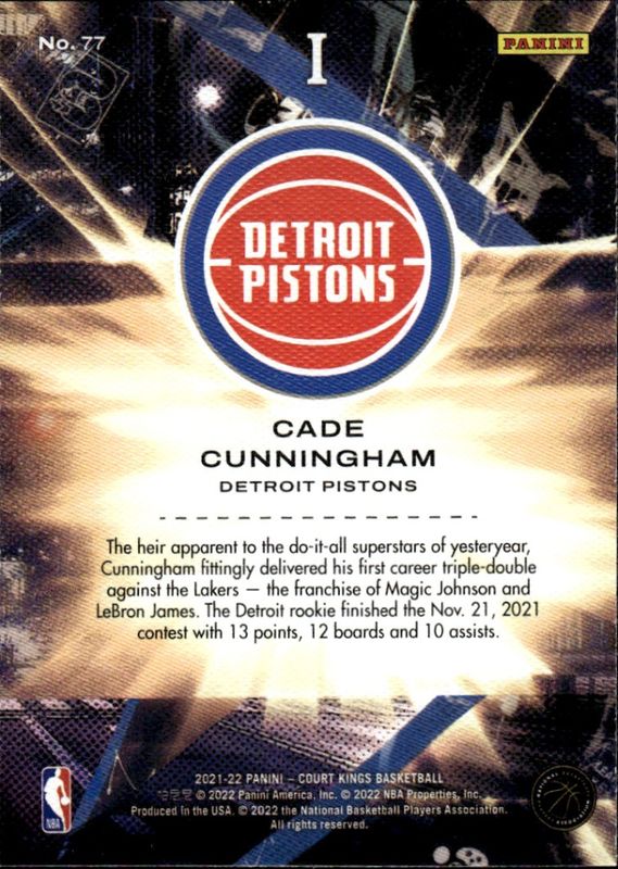 2021-22 Cade Cunningham #77 Panini Court Kings NBA Rookie RC Detroit Pistons