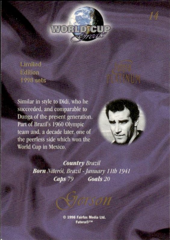 1998 Futera Platinum World Cup Greats Gerson #14