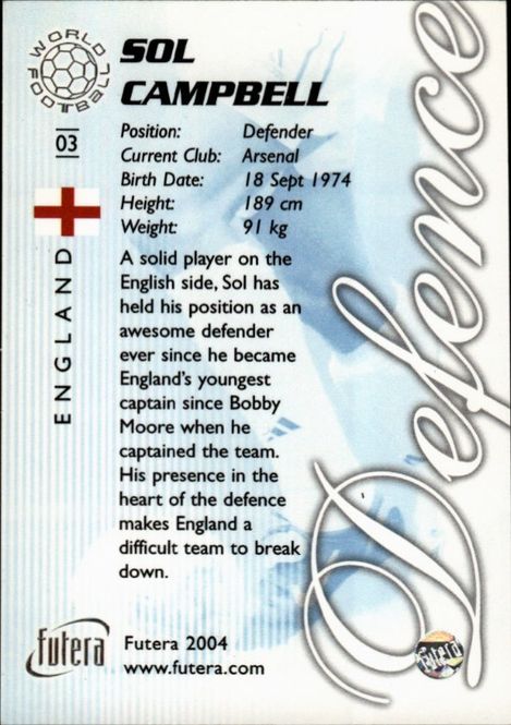 Main Image Futera 2004 World Football Card #3 Sol Campbell ...