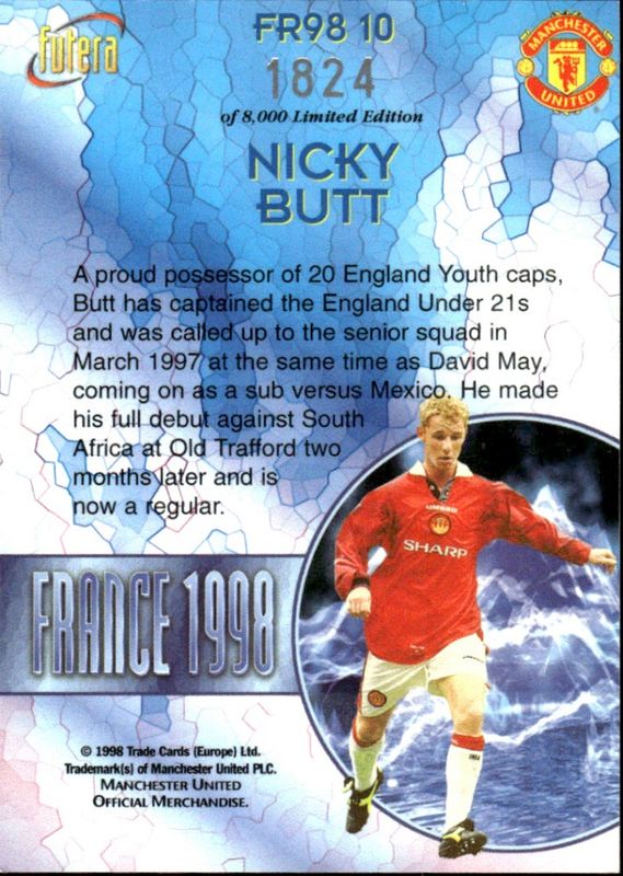 NICKY BUTT 1998 Futera Soccer Card Insert MANCHESTER UTD #1824/8000