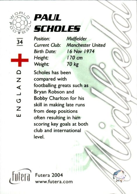 Hovedbilde 2004 Futera World Football Paul Scholes #34 