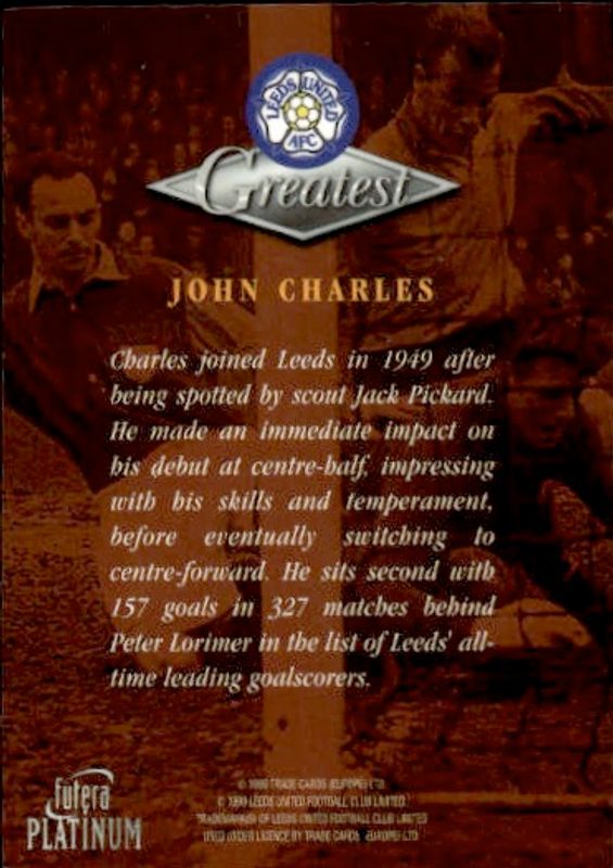 1999 Futera Platinum Leeds United Greatest John Charles 22 CARAT GOLD GILDED EDGES