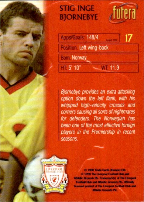 Hovedbilde 1998 Futera Liverpool Stig Inge-Bjornebye #17 ...