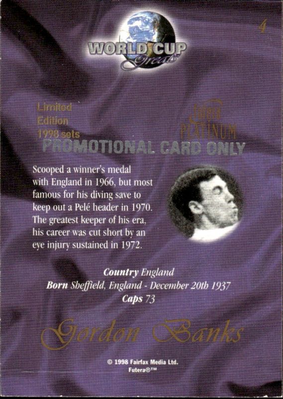 1998 Futera Platinum World Cup Greats Promo Gordon Banks #4 