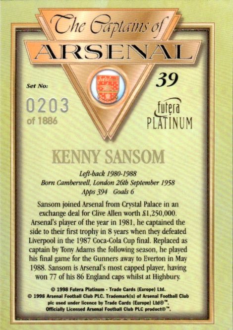 Hovedbilde 1998 CAPTAINS OF ARSENAL #203/1886.  #39  KENNY ...