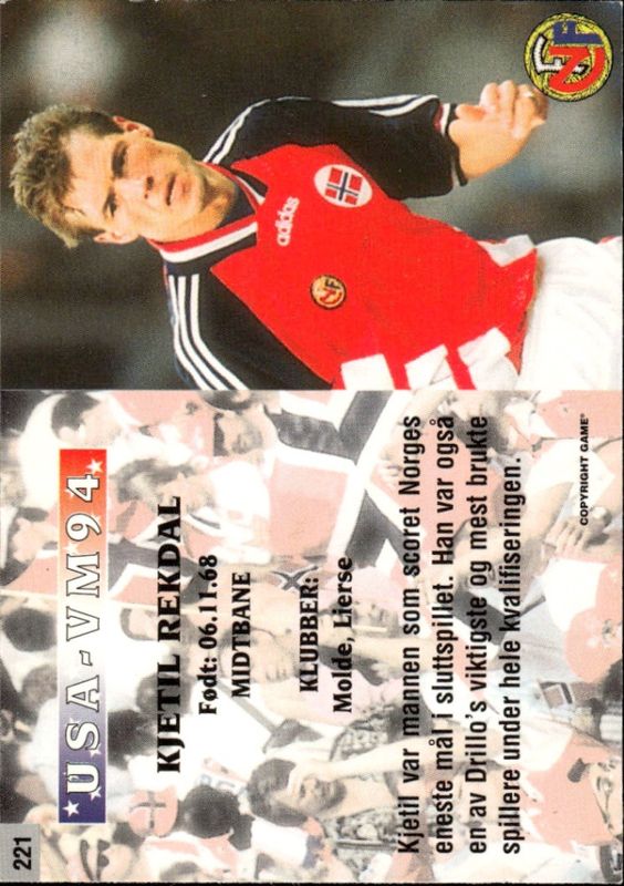1995 GAME Norsk Eliteserie Fotballkort USA - VM94 Kjetil Rekdal #221 
