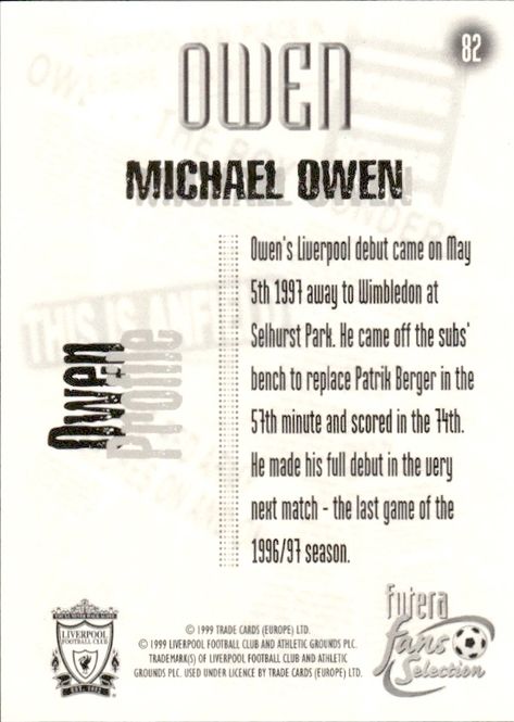 Hovedbilde 1999 Futera Fans Selection Liverpool Michael Owen ...