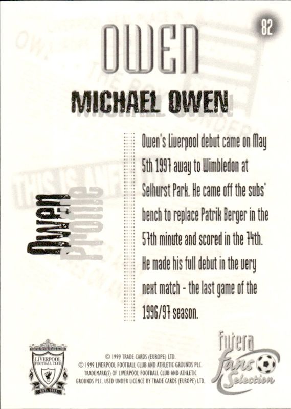 1999 Futera Fans Selection Liverpool Michael Owen #82 PLAYERS EDITION /500 CHROME FOIL