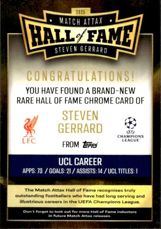 Topps Match Attax 2025/26 Hall of Fame Steven Gerrard HOF1-