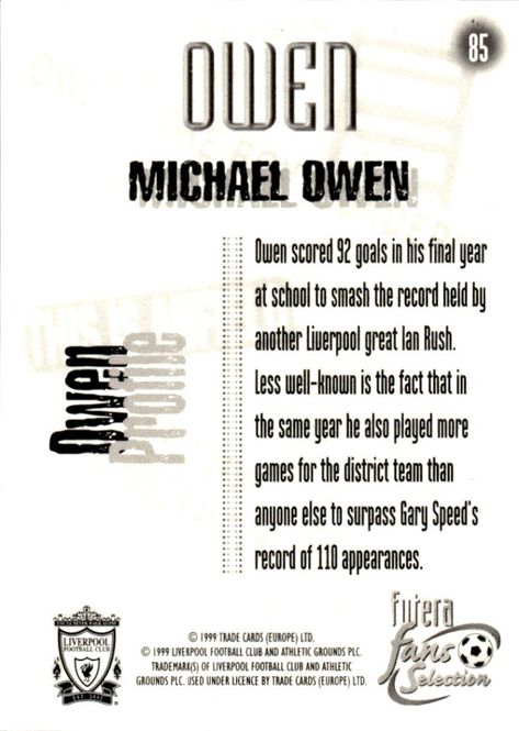 Hovedbilde 1999 Futera Fans Selection Liverpool Michael Owen ...