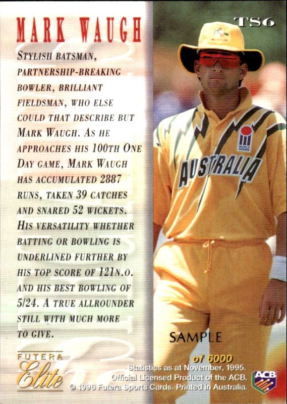 1996 FUTERA CRICKET ELITE CARD THE SPECIALISTS CHASE CARD TS6 MARK WAUGH - SAMPLE CARD