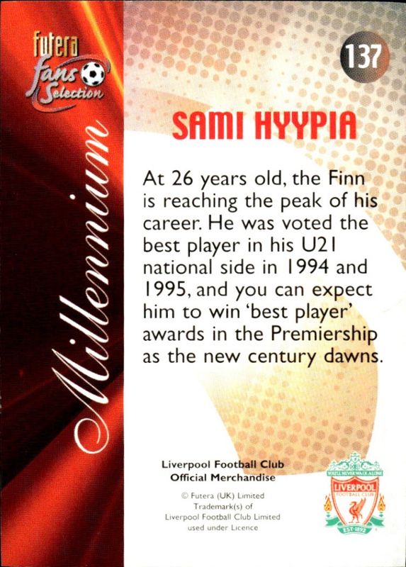 2000 Futera Fans Selection Liverpool Millennium Sami Hyypia #137. 22 CARAT GOLD GILDED EDGES