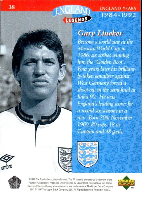 1997-98 Upper Deck England England Legends Gary Lineker #38