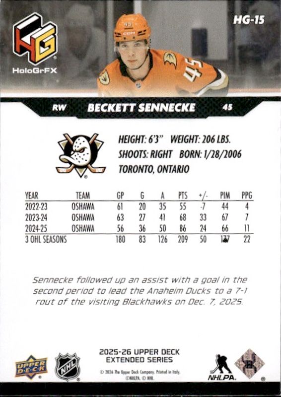 25-26 Upper Deck Extended Series Beckett Sennecke HoloGrFX #HG-15 RC