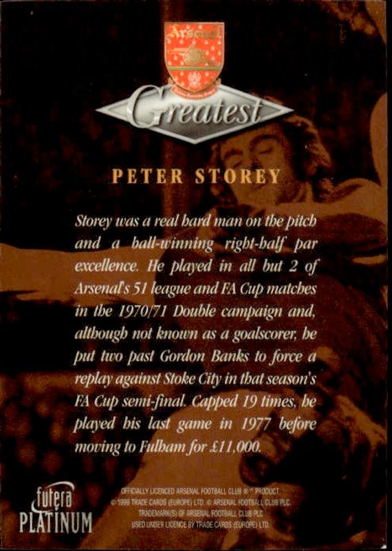 1999 Futera Platinum Arsenal Greatest Peter Storey 22 CARAT GOLD EDGES