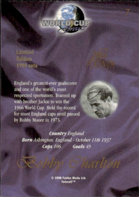 1998 Futera World Cup Greats - England BOBBY CHARLTON