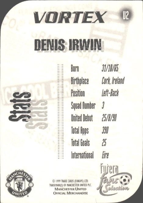 Main Image Denis Irwin 1999 Futera Fans Selection Vortex ...