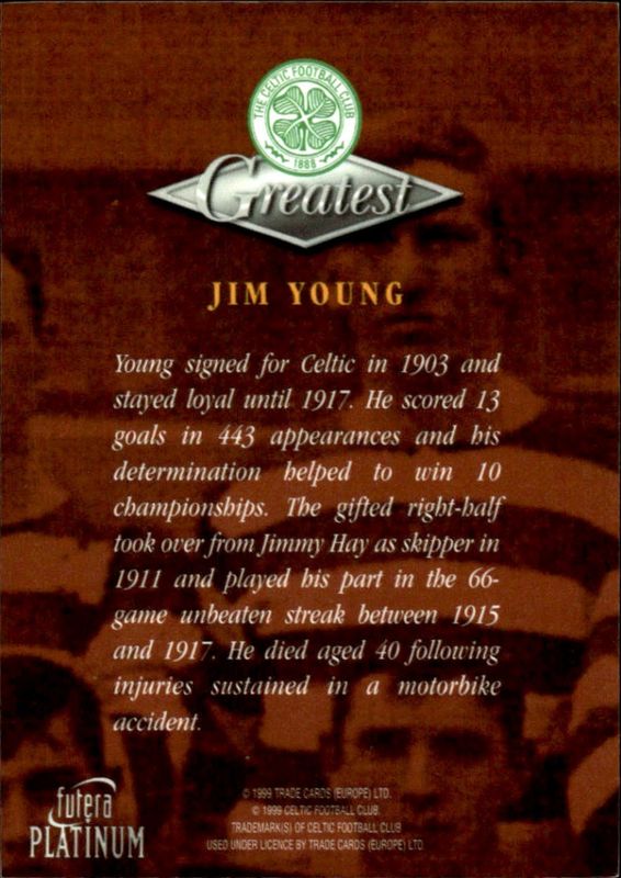 1999 Futera Platinum Celtic Greatest JIM YOUNG 22 CARAT GOLD GILDED EDGES