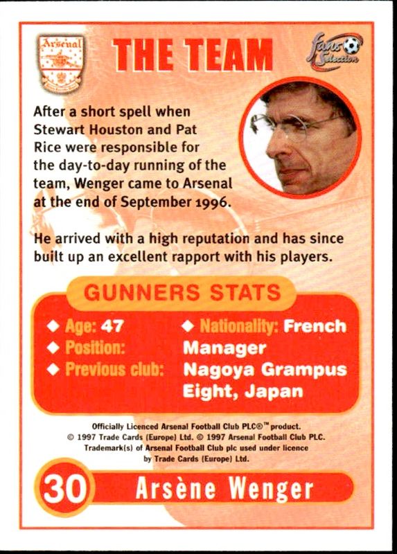 1997 Futera Arsenal Arsene Wenger Card # 30 PROMOTIONAL CARD ONLY