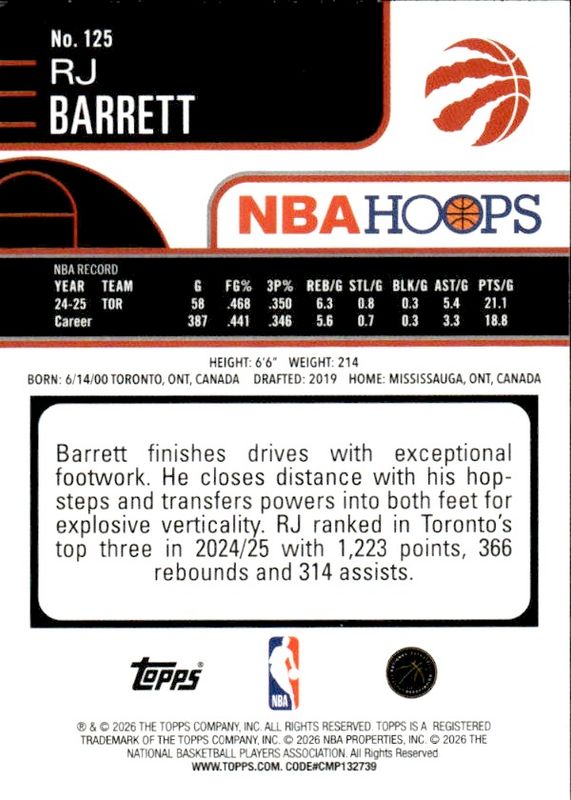 2025-26 Topps NBA Hoops- RJ Barrett Rainbow Foil #125 Toronto Raptors