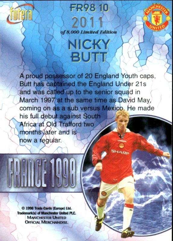 NICKY BUTT 1998 Futera Soccer Card Insert MANCHESTER UTD #2011/8000