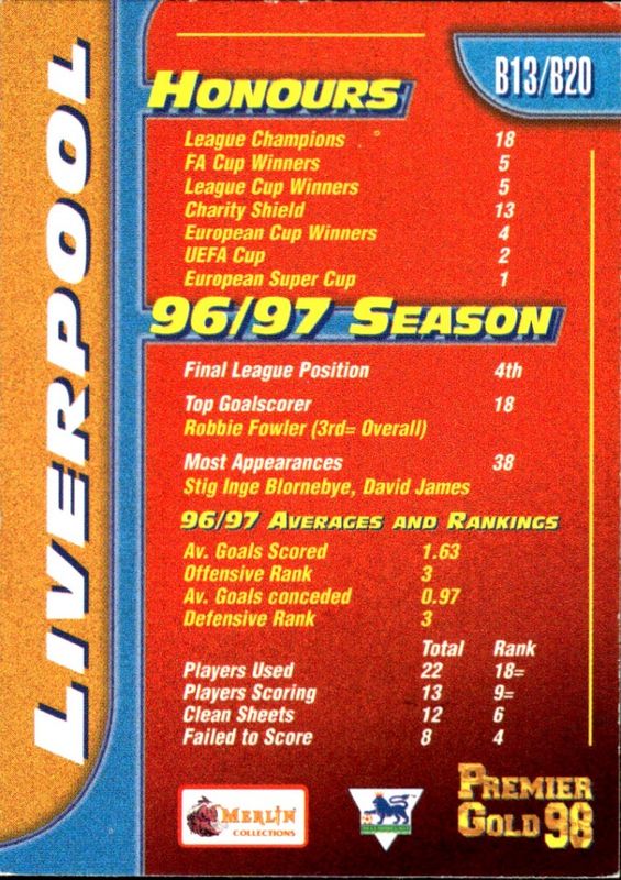 1998 Merlin Premier Gold Team Badges Liverpool FC #B13 Rare Chrome Foil