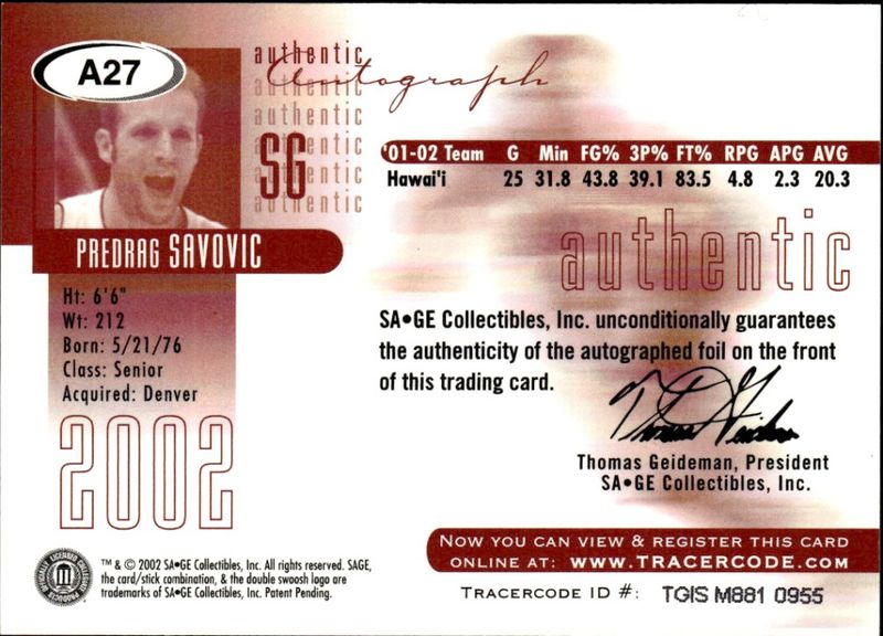 2002 Sage Authentic Auto Silver 110/300 Predrag Savovic #A27 Auto 