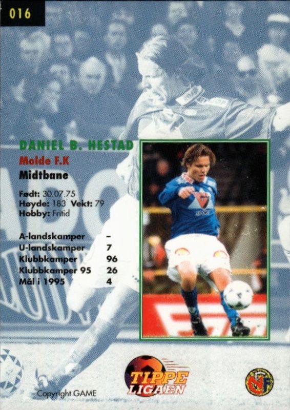 1996 GAME Tippe Ligaen Fotballkort Young Stars Daniel Berg Hestad Rookie RC 