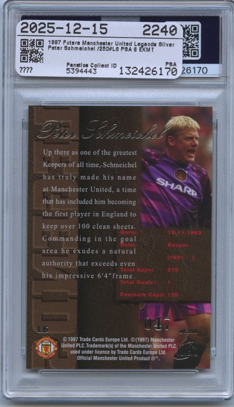 1997 FUTERA MAN. UNITED PETER SCHMEICHEL LEGENDS SILVER #047/250 PSA EX-MT 6 