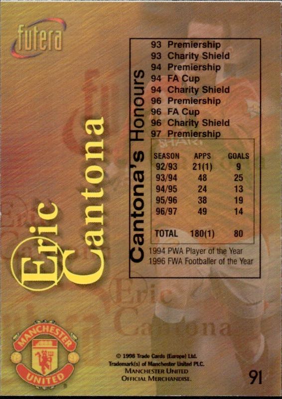 1998 Futera Manchester United Honours Chrome Foil Eric Cantona #91 PLAYERS EDITION /500