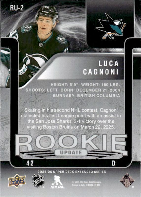 Luca Cagnoni 2025-26 Upper Deck Extended Series #RU-2 Rookie Update #498/1999