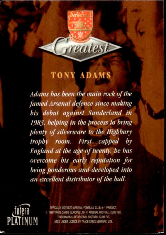 1999 Futera Platinum Arsenal Greatest Tony Adams 22 CARAT GOLD EDGES /250