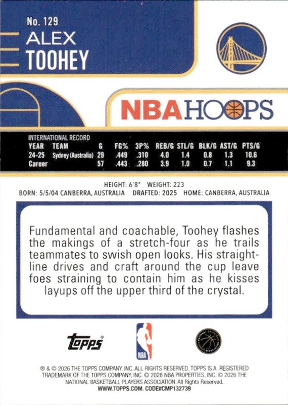 2026 Topps NBA HOOPS - Alex Toohey Rookie (RC) #129
