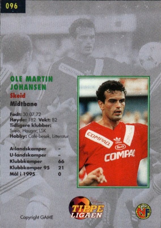 1996 GAME Tippe Ligaen Fotballkort OLE MARTIN JOHANSEN